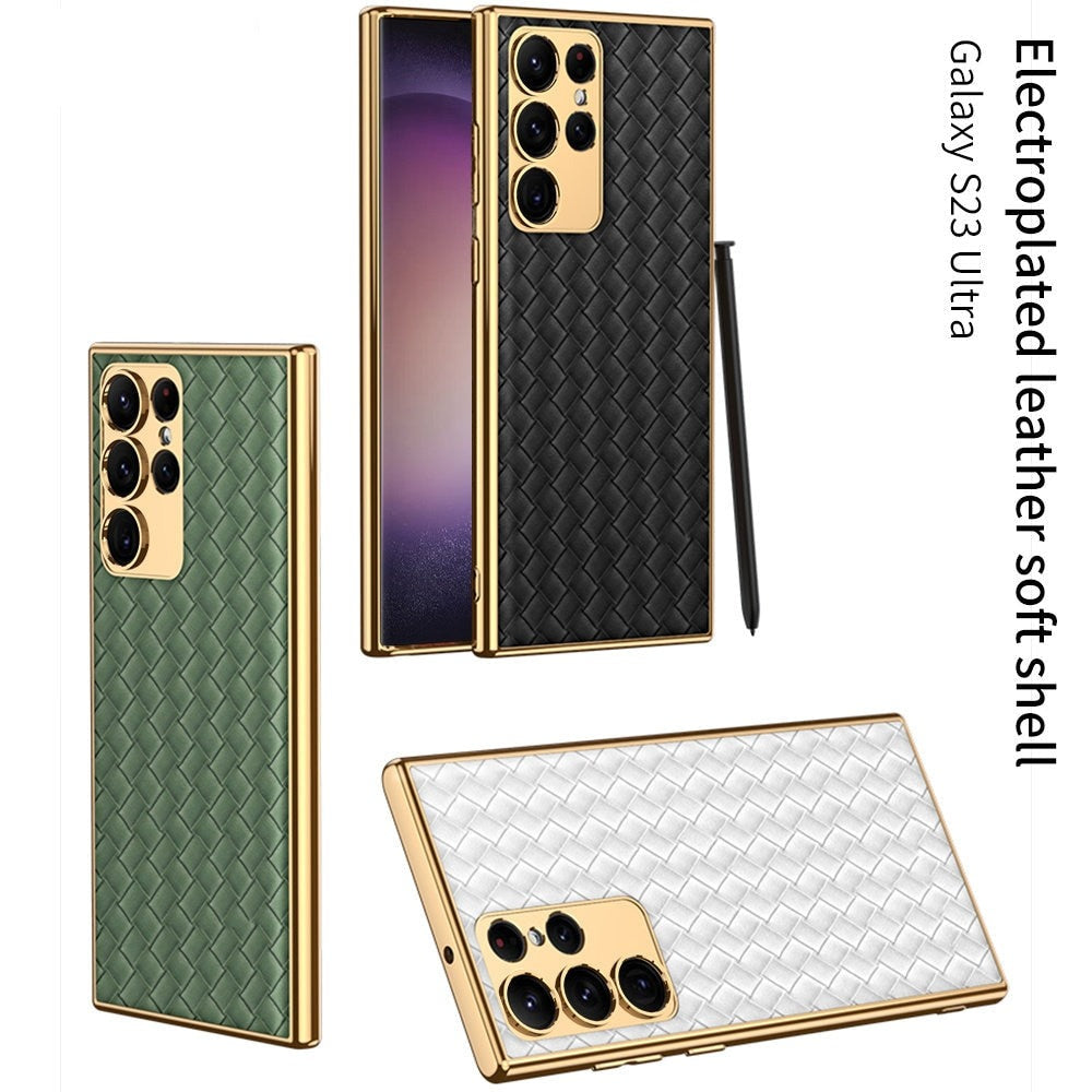 Electroplated Leather Luxury Alloy Lens Protection Soft Cover for Galaxy S23
