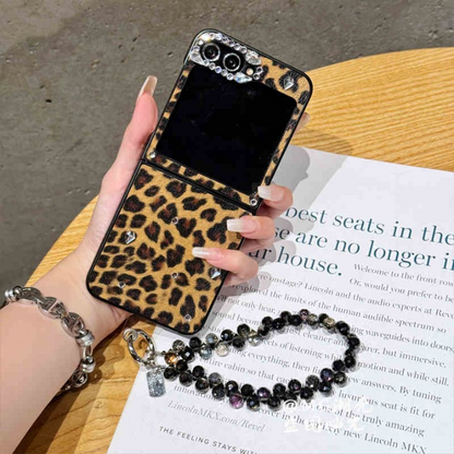 3D Diamond Leopard Print Case with Black Crystal Chain for Samsung Z Flip