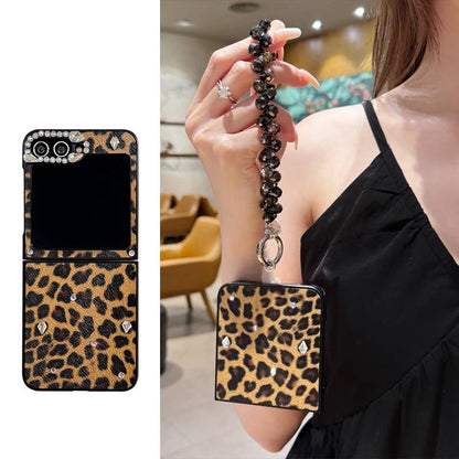 3D Diamond Leopard Print Case with Black Crystal Chain for Samsung Z Flip