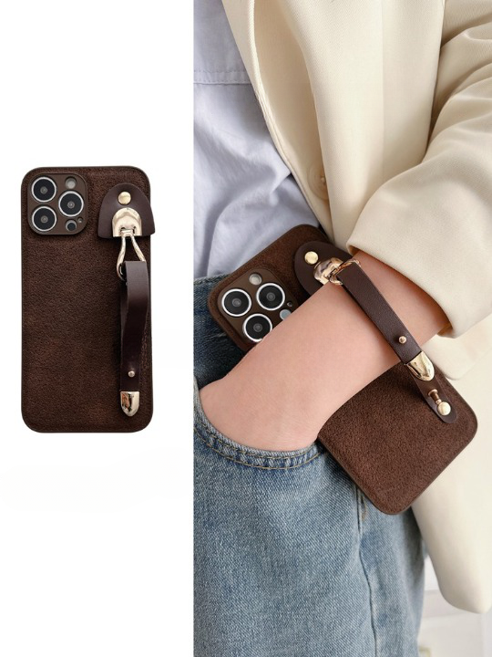 Retro Brown Leather Wrist Strap iPhone Case - Niche Style