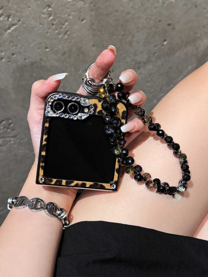 3D Diamond Leopard Print Case with Black Crystal Chain for Samsung Z Flip