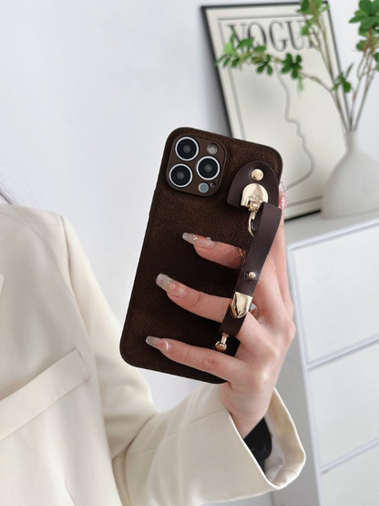 Retro Brown Leather Wrist Strap iPhone Case - Niche Style