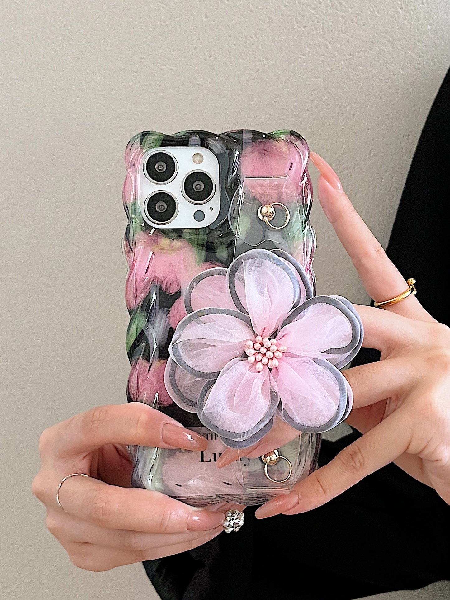 Icy Pink Flower iPhone Case with Wristband