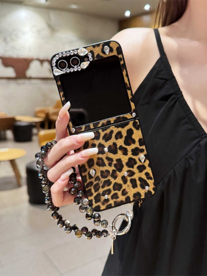 3D Diamond Leopard Print Case with Black Crystal Chain for Samsung Z Flip