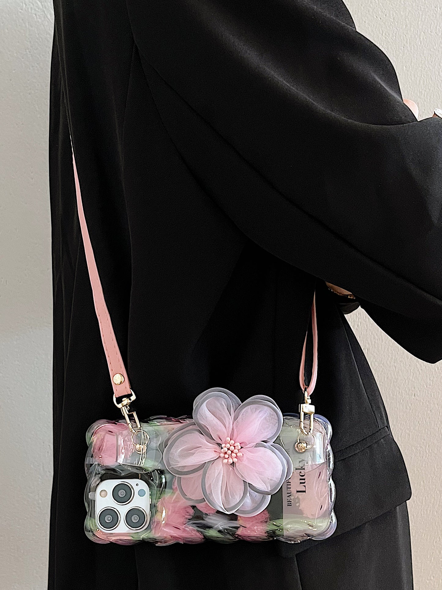 Icy Pink Flower iPhone Case with Wristband