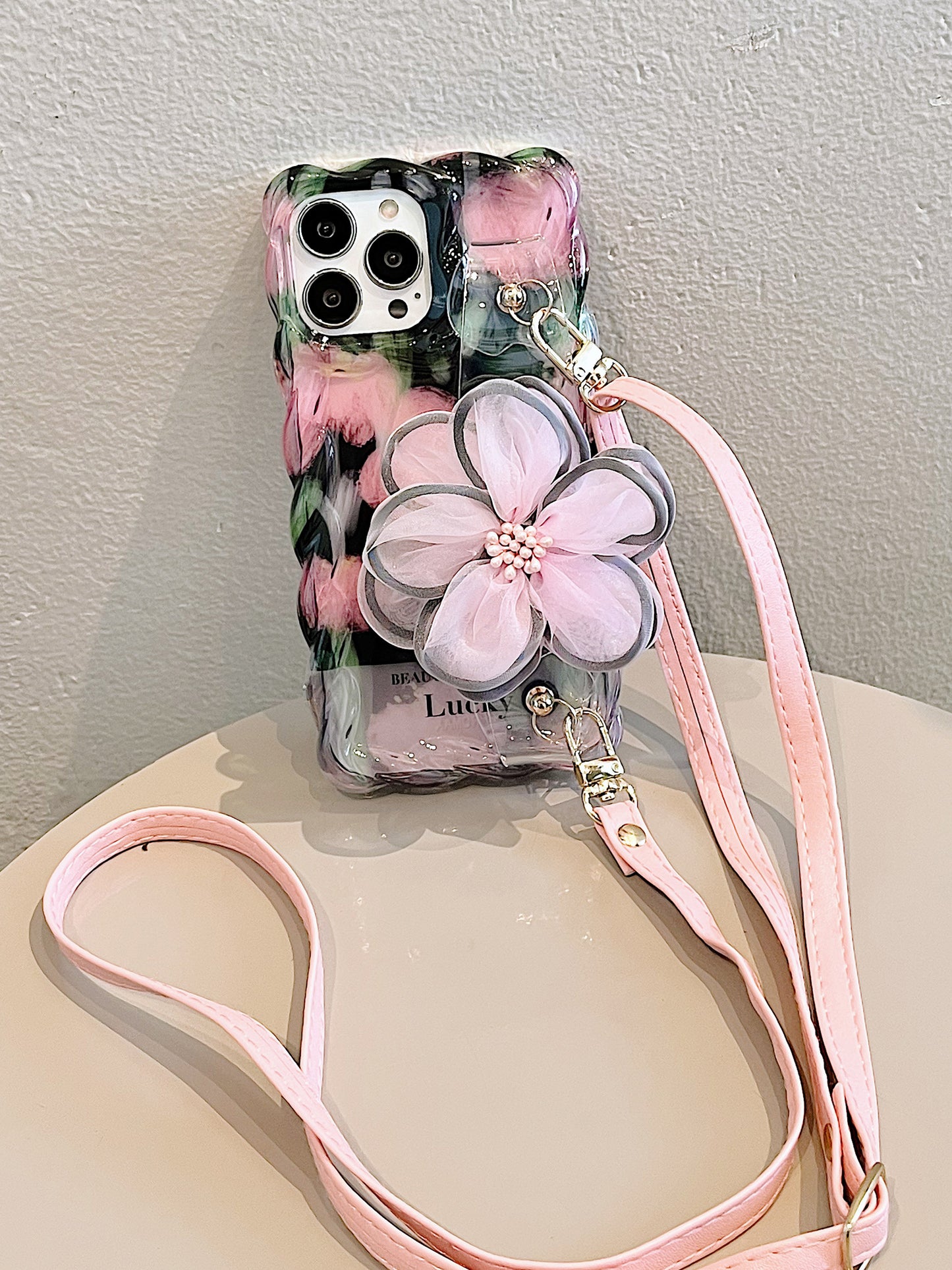 Icy Pink Flower iPhone Case with Wristband