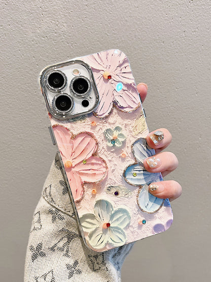 Stylish Protection: Flower Oil Painting Case with Diamond Lens