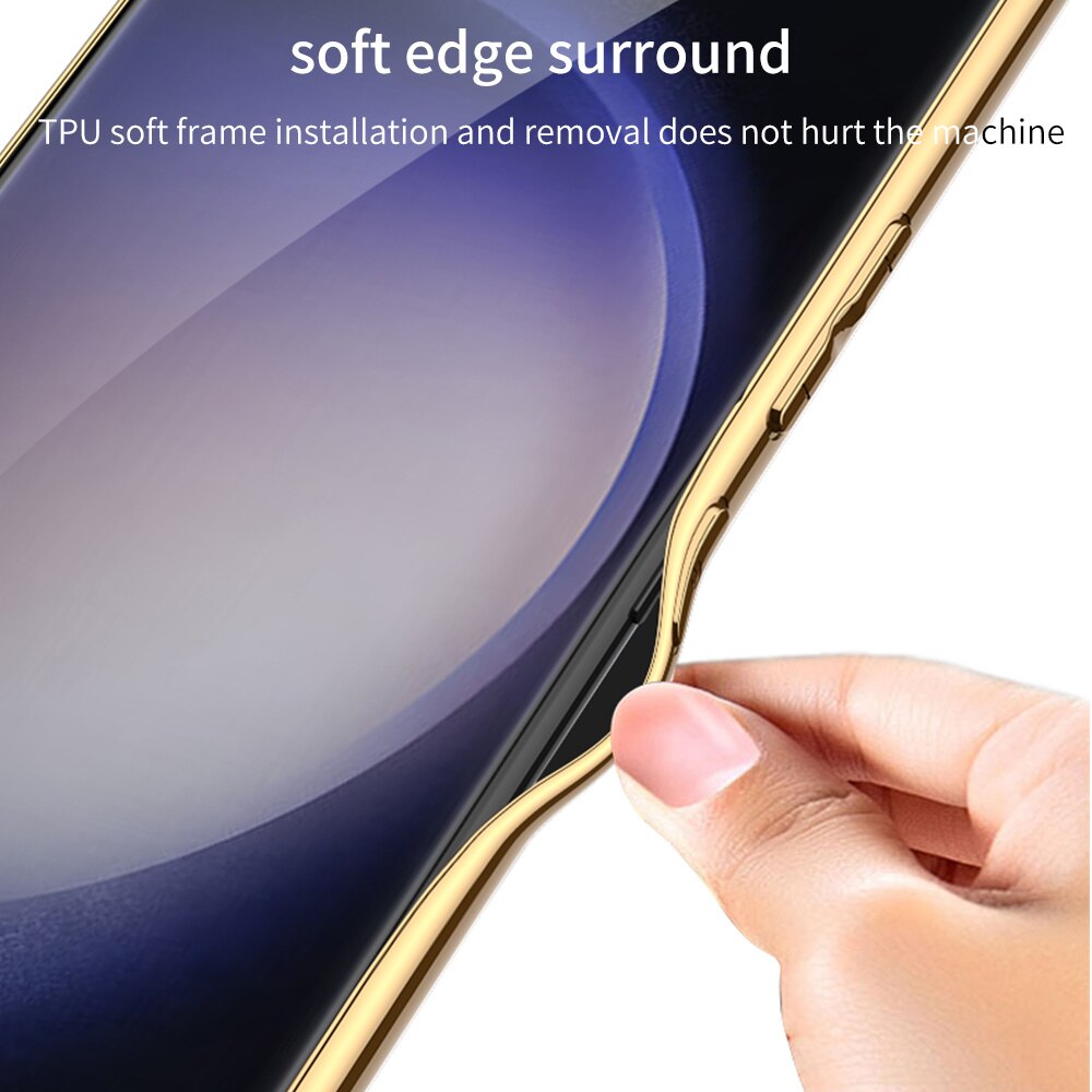 Electroplated Leather Luxury Alloy Lens Protection Soft Cover for Galaxy S23