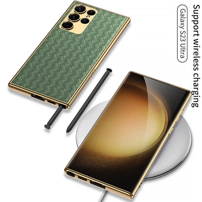 Electroplated Leather Luxury Alloy Lens Protection Soft Cover for Galaxy S23