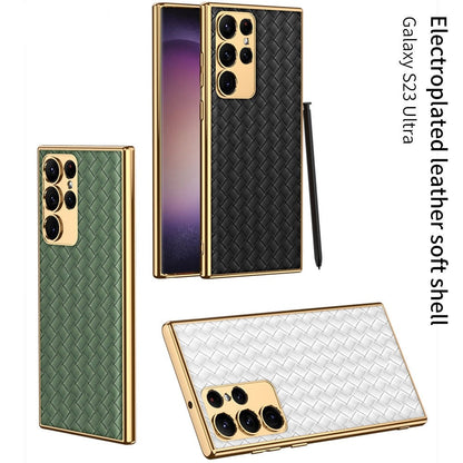 Electroplated Leather Luxury Alloy Lens Protection Soft Cover for Galaxy S23